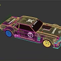 Blue Modified Race Car With Orange Wheels 43 Number Graphics And Rear Spoiler