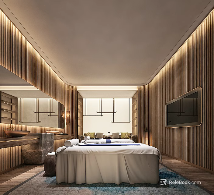 Modern SPA Sauna Interior With Wooden Walls Massage Bed Mirror And TV 3d model 