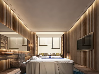 Modern SPA Sauna Interior With Wooden Walls Massage Bed Mirror And TV 3d model