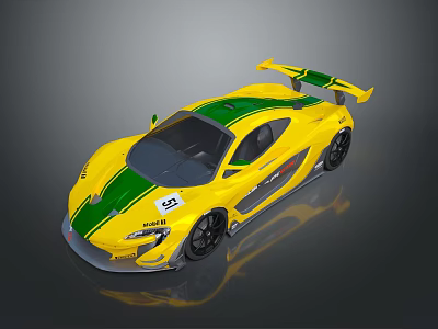 Yellow And Green Sports Car With Rear Spoiler Stripes And Number 2 Design 3d model