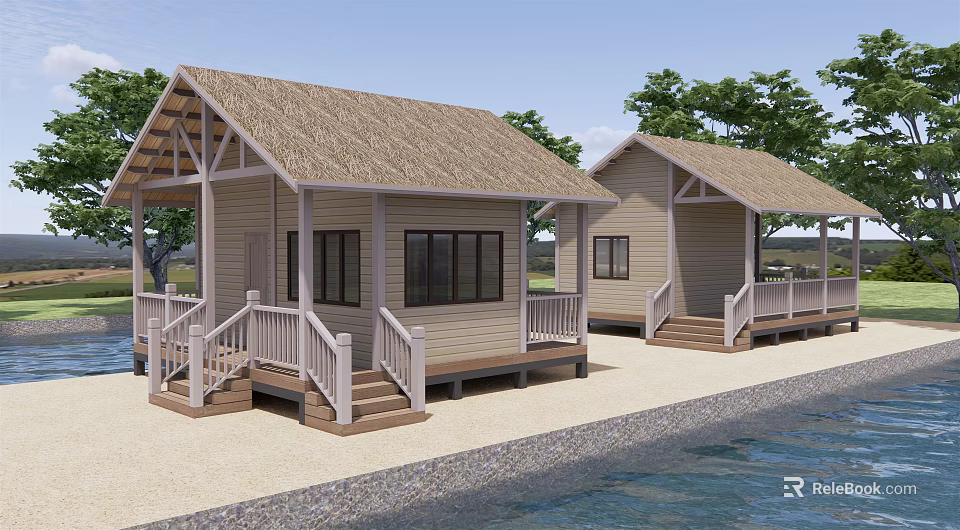 Waterfront Detached Villa With Thatched Roof Light Beige Exterior And White Railings 3d model 