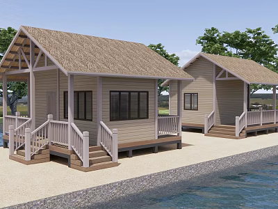 Waterfront Detached Villa With Thatched Roof Light Beige Exterior And White Railings 3d model