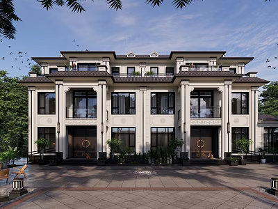 Elegant Detached Villa With White Exterior Black Roof Front Yard Plants And Porch 3d model