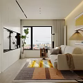 Modern Living Dining Room Interior With Light Sofa Area Rug Wall Art Round Table Chairs