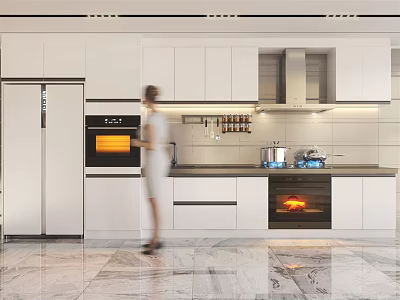 Modern Open Concept Kitchen With White Cabinets Island Countertop And Appliances 3d model