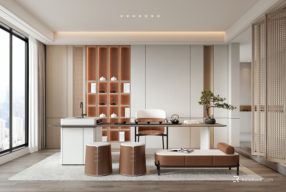 Elegant Modern Tea Room Interior With Wooden Shelves Tea Table Comfortable Seats And Floor-to-Ceiling Windows 3d model 