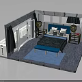Modern Bedroom Interior With Blue Headboard Pillows Bench Nightstand Lamps Rug And Curtains