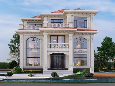 Classical Detached Villa With Red Roof Grand Porch Large Windows And Garden 3d model