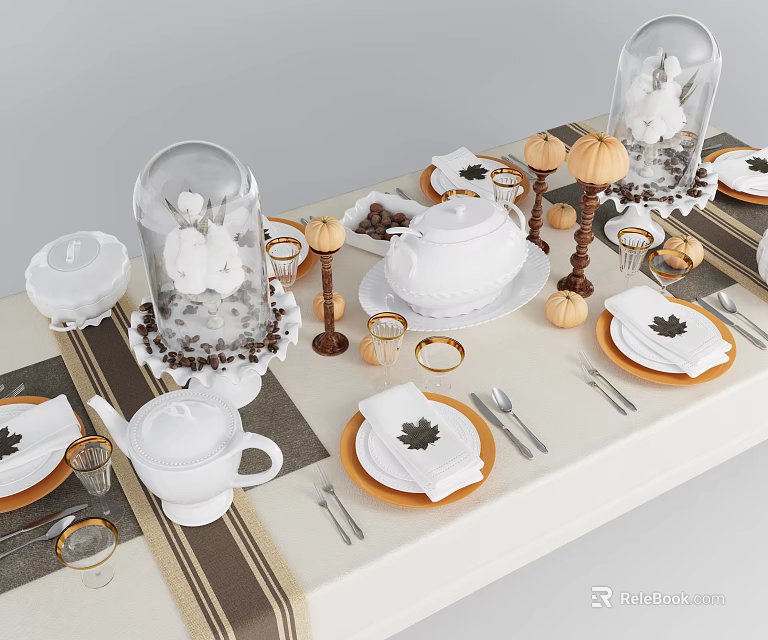 Elegant Dinnerware Set With White Porcelain Table Setting Maple Leaf Napkins And Pumpkin Decor 3d model 