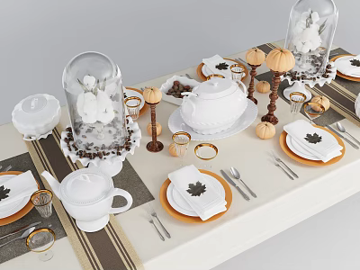 Elegant Dinnerware Set With White Porcelain Table Setting Maple Leaf Napkins And Pumpkin Decor 3d model