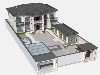 Chinese Style Two Story Detached Villa With Courtyard Parking Area And Landscaped Front Yard 3d model