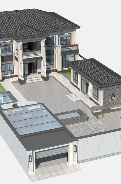 Chinese Style Two Story Detached Villa With Courtyard Parking Area And Landscaped Front Yard 3d model