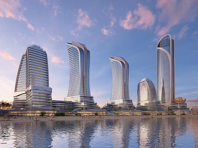 Modern Multiple High Rise Office Buildings With Waterfront Reflection And Sunset Sky Glass Curtain Walls 3d model