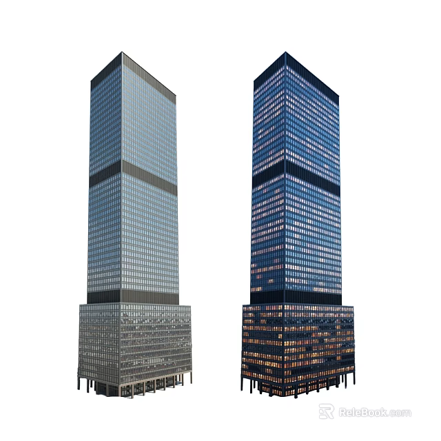 Twin Modern High Rise Office Buildings With Glass Facade And Illuminated Windows 3d model 