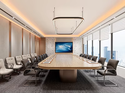 Modern Conference Room With Long Wooden Table Leather Chairs Large Screen And City View Windows 3d model