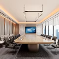 Modern Conference Room With Long Wooden Table Leather Chairs Large Screen And City View Windows