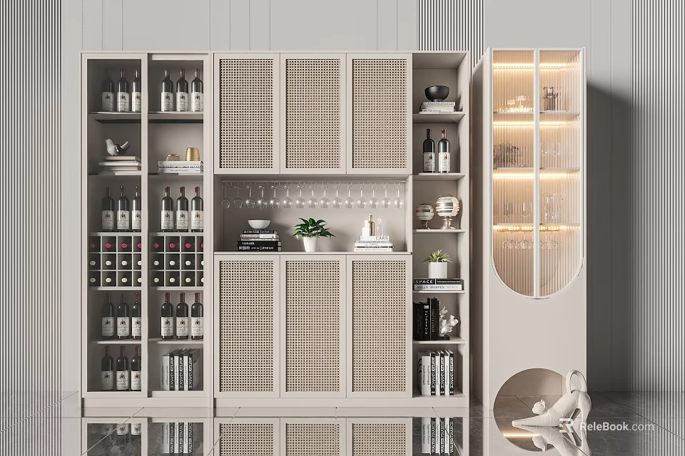 Modern Wine Cabinet With Lattice Doors Glass Display Lighting And Decorations 3d model 