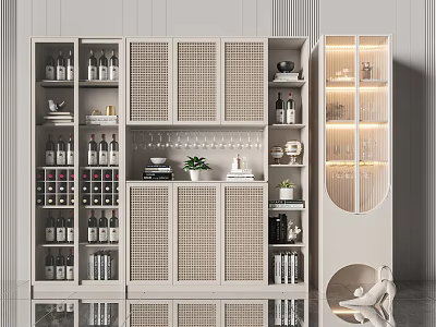 Modern Wine Cabinet With Lattice Doors Glass Display Lighting And Decorations 3d model