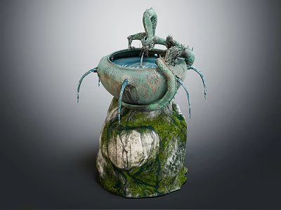Decorative Garden Ornament Dragon Shaped Fountain With Bowl Shaped Basin And Moss Covered Stone Base 3d model