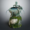 Decorative Garden Ornament Dragon Shaped Fountain With Bowl Shaped Basin And Moss Covered Stone Base