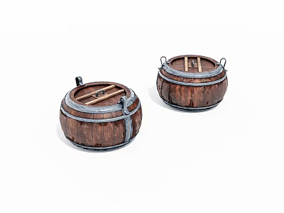 Two Wooden Barrels With Metal Hoops And Lids For Household Storage Use 3d model
