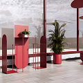 Red Outdoor Chairs With Matching Umbrellas Green Plants And Urban View