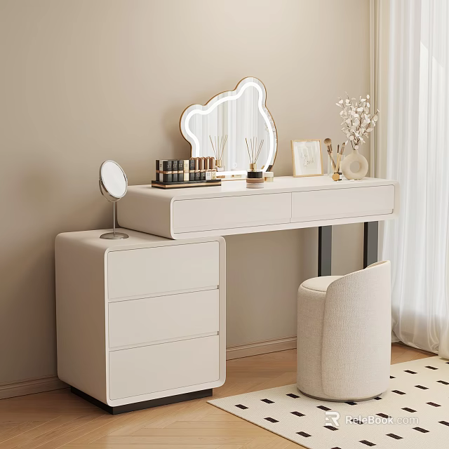 Elegant White Dressing Table With Decorative Mirror Storage Drawers Makeup Accessories And Stool 3d model 