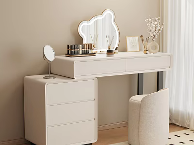 Elegant White Dressing Table With Decorative Mirror Storage Drawers Makeup Accessories And Stool 3d model