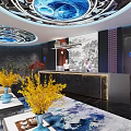 Stylish Elevator Hallway Featuring Fish Pattern Walls Marble Floor Linear Lighting And Artwork 3d model