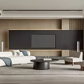 Modern Living Room Interior With White Sofa Black TV Wall And Wooden Elements
