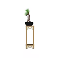Wooden Flower Stand with Bonsai Pine Tree in Black Pot and Traditional Design