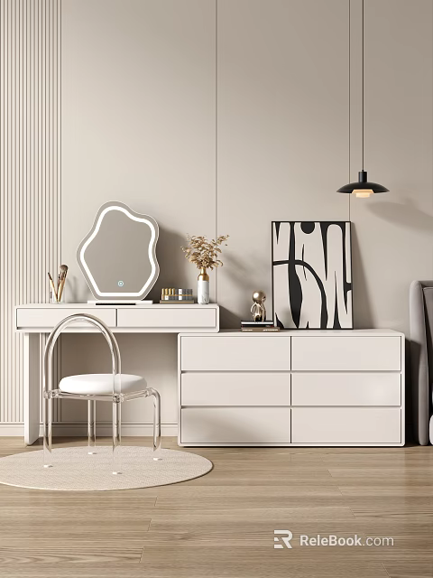Modern White Dressing Table With Unique Mirror Decorative Vase Dried Flowers And Drawers 3d model 