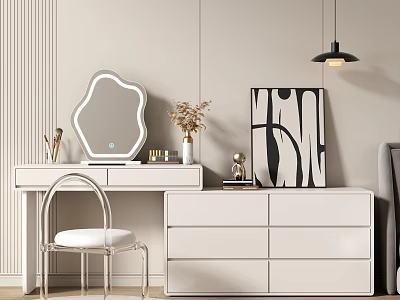 Modern White Dressing Table With Unique Mirror Decorative Vase Dried Flowers And Drawers 3d model