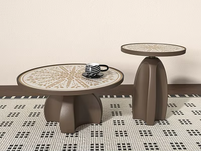 Stylish Coffee Tables With Decorative Patterned Tops And Unique Brown Bases On Patterned Rug With Striped Mug 3d model
