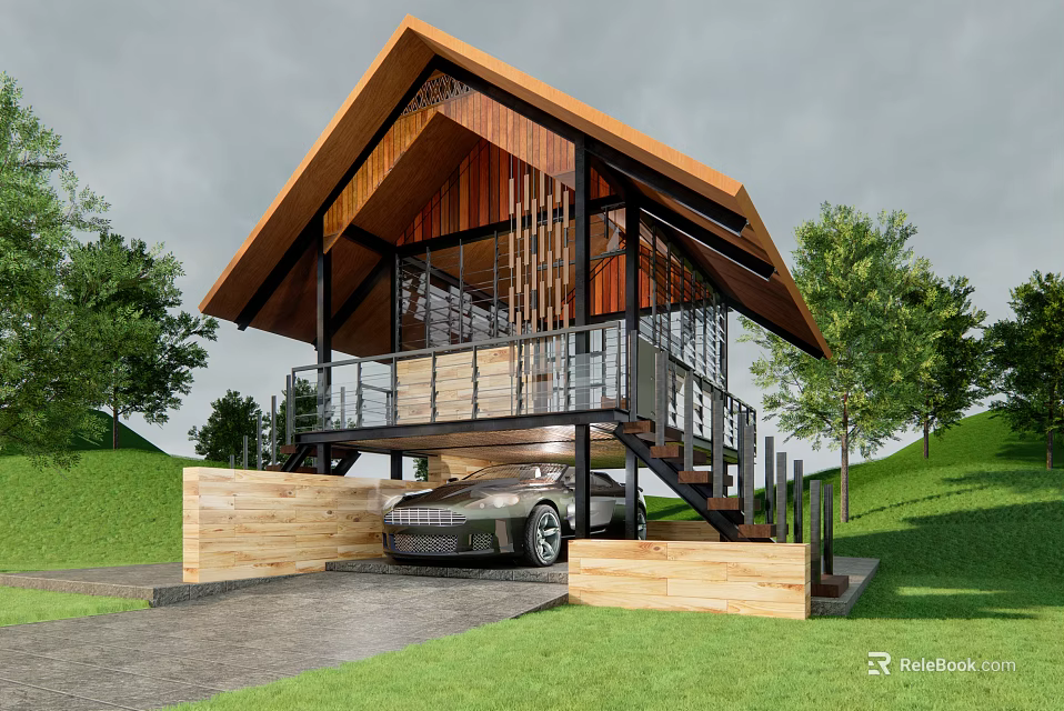 Modern Homestay Building With Wooden Roof Glass Walls Car Parking Amid Green Hills Trees 3d model 