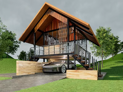 Modern Homestay Building With Wooden Roof Glass Walls Car Parking Amid Green Hills Trees 3d model