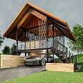 Modern Homestay Building With Wooden Roof Glass Walls Car Parking Amid Green Hills Trees