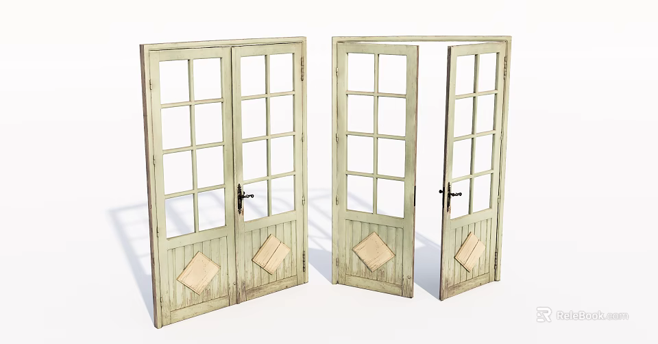 Vintage Style Wooden Double Doors With Glass Panes And Diamond Shaped Panels 3d model 