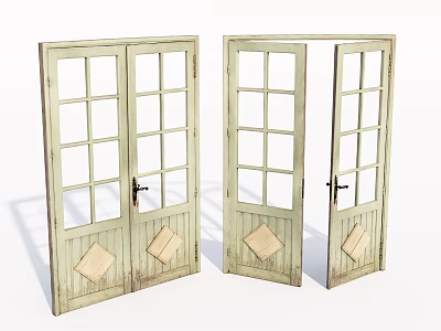 Vintage Style Wooden Double Doors With Glass Panes And Diamond Shaped Panels 3d model