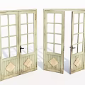 Vintage Style Wooden Double Doors With Glass Panes And Diamond Shaped Panels