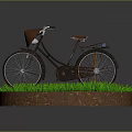 Vintage Bicycle with Brown Seat and Basket Standing on Green Grass Circular Dirt Platform