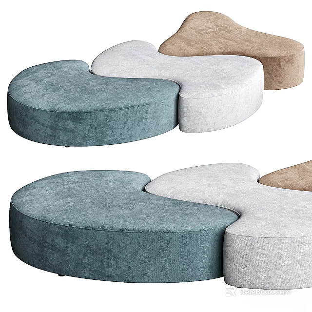 Modern Upholstered Sofa Stools in Blue White Brown Tones with Curved Round Design 3d model 