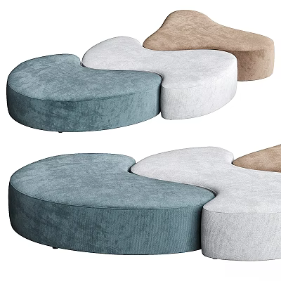 Modern Upholstered Sofa Stools in Blue White Brown Tones with Curved Round Design 3d model