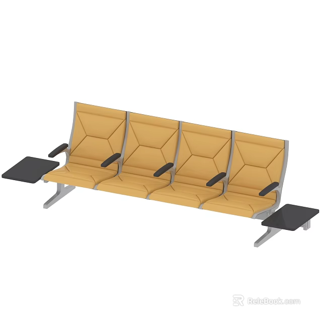 Yellow Waiting Chairs With Four Seats Black Armrests And Side Tables 3d model 
