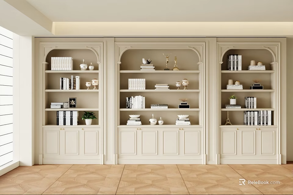 Elegant Cream White Built in Bookcase With Multiple Shelves And Decorative Items 3d model 