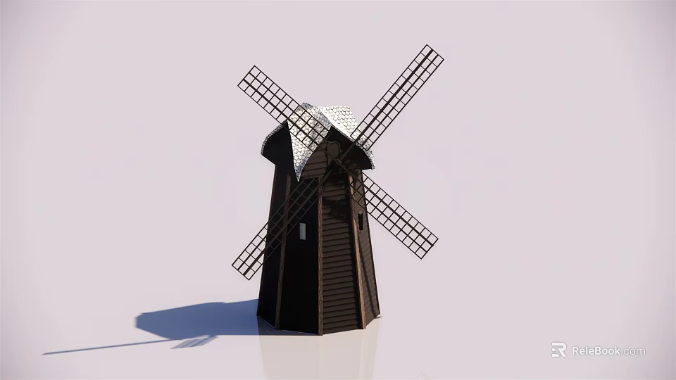 Windmill Architectural Components With Crossed Blades And Dark Wooden Tower Structure 3d model 