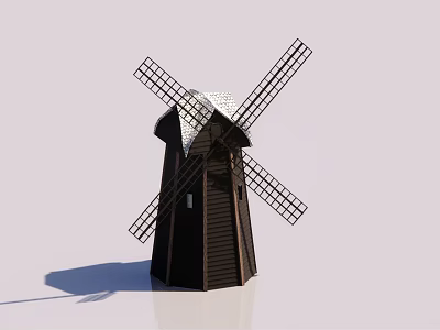 Windmill Architectural Components With Crossed Blades And Dark Wooden Tower Structure 3d model