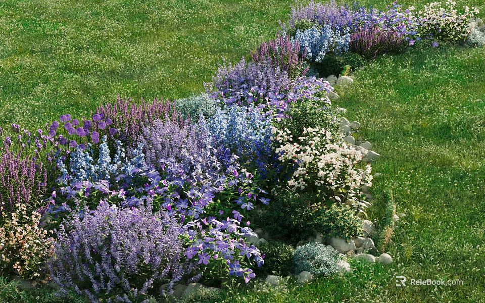 Vibrant Garden Flowers With Purple Blue White Blooms And Green Grass Along Natural Stone Border 3d model 