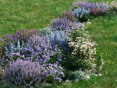 Vibrant Garden Flowers With Purple Blue White Blooms And Green Grass Along Natural Stone Border 3d model