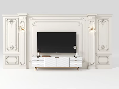 Classic White TV Background Wall With Intricate Carvings Wall Sconces And Media Console 3d model